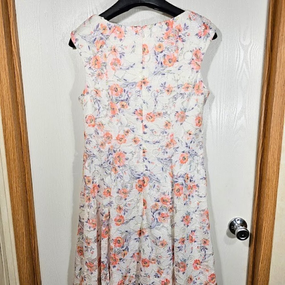 NWT LESLIE FAY Floral Dress size 12 IVORY PURPLE GREEN Lace Overlay Sleeveless - Picture 6 of 7